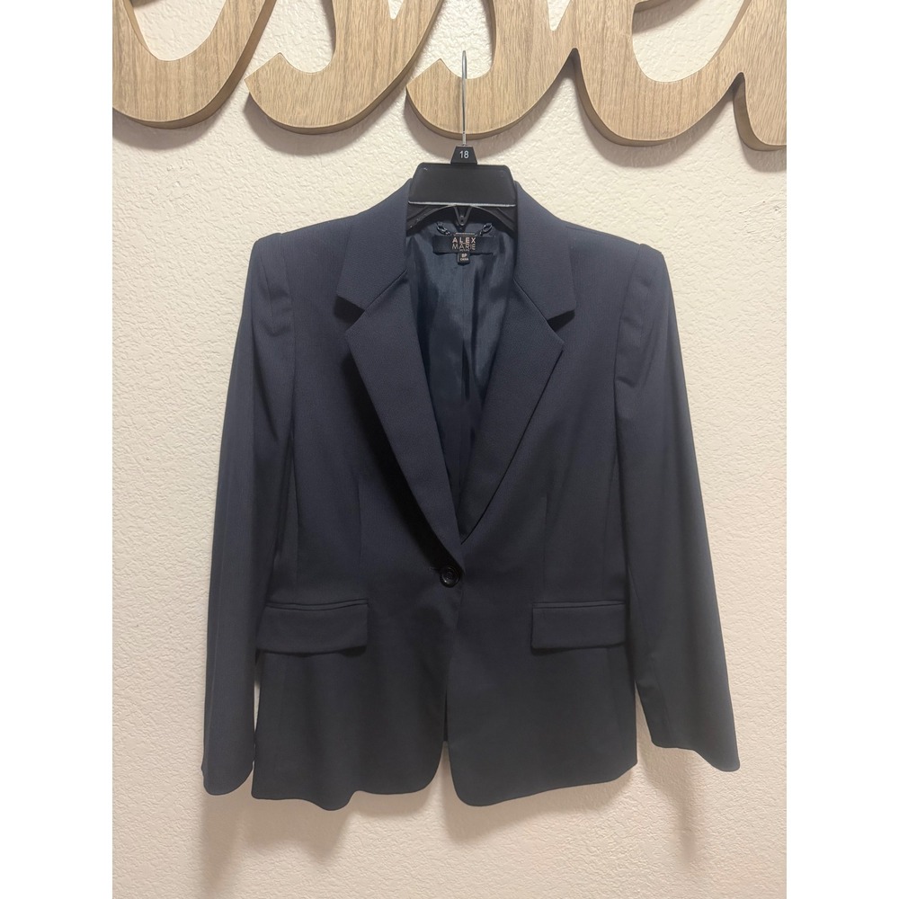 Alex Marie Petite Womens Navy Blue Single Button Blazer Jacket Size 8P Workwear